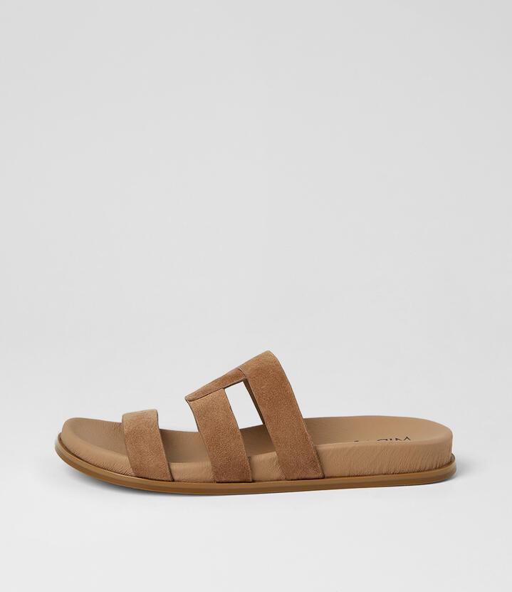 Image of Slippers. Product name - Neesh Light Choc Suede Slides in Lt Choc colour by brand - MIDAS