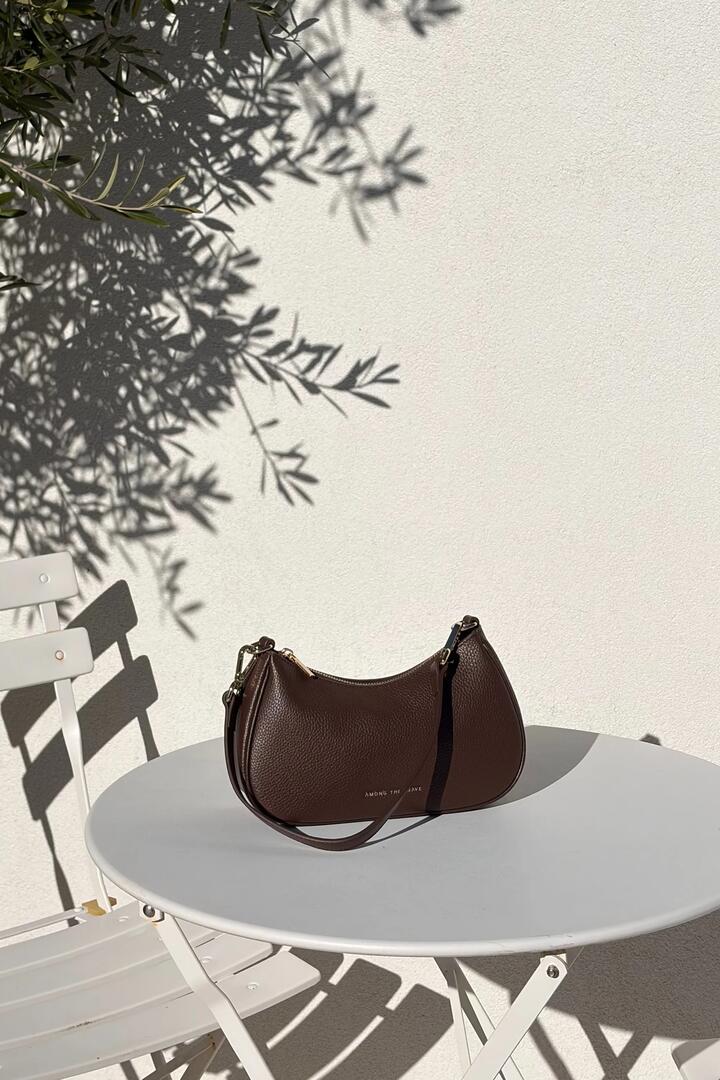 Image of Bags. Product name - Adore Dark Chocolate Leather Double Strap Small Shoulder Bag in Brown colour by brand - Among the Brave