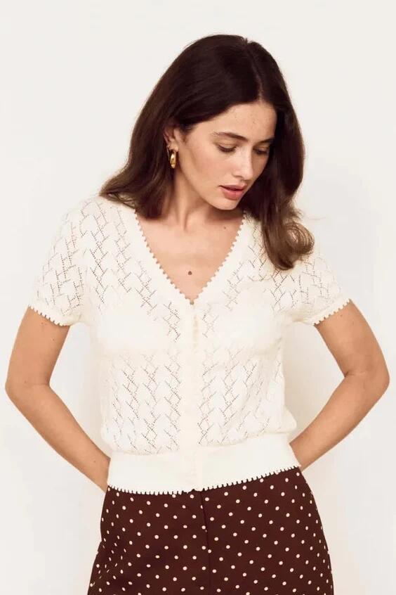 Image of a model wearing Tops. Product name - Calla Ivory Cotton Knit Button Through SS Tee in Cream colour by brand - Mink Pink
