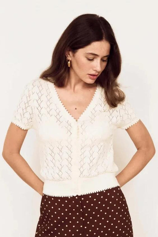 Image of a model wearing Tops. Product name - Calla Ivory Cotton Knit Button Through SS Tee in Cream colour by brand - Mink Pink