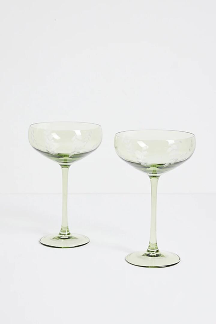 Image of Kitchen & Dining. Product name - Olive Green Etched Leaf Set 2 Coupe Cocktail Glasses in Green colour by brand - Willow & Mae