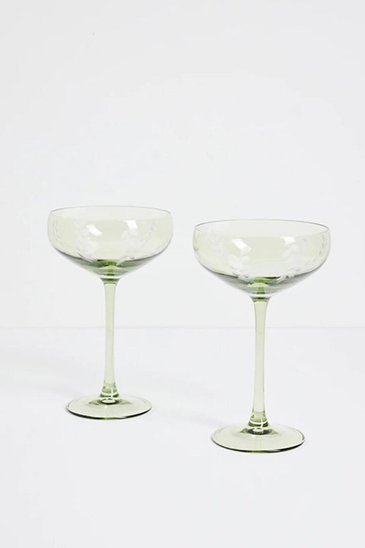 Image of Kitchen & Dining. Product name - Olive Green Etched Leaf Set 2 Coupe Cocktail Glasses in Green colour by brand - Willow & Mae