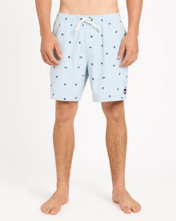 Image of a model wearing Shorts. Product name - Quiksilver Mens Surfsilk Straight 17" Volley Shorts Skyway in Skyway colour by brand - Quiksilver