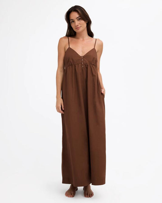 Image of Dresses. Product name - Rvca Womens Cadence Maxi Dress Chocolate in Chocolate colour by brand - Rvca