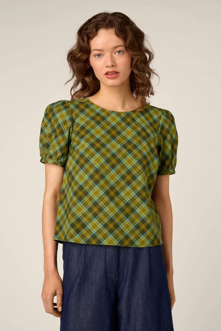 Image of a model wearing Tops. Product name - Edwina Check Puff Sleeve Top in Green colour by brand - Princess Highway