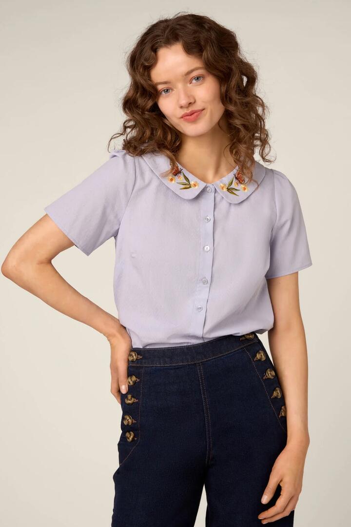 Image of Blouses. Product name - Butterfly Embroidered Blouse in Blue colour by brand - Princess Highway