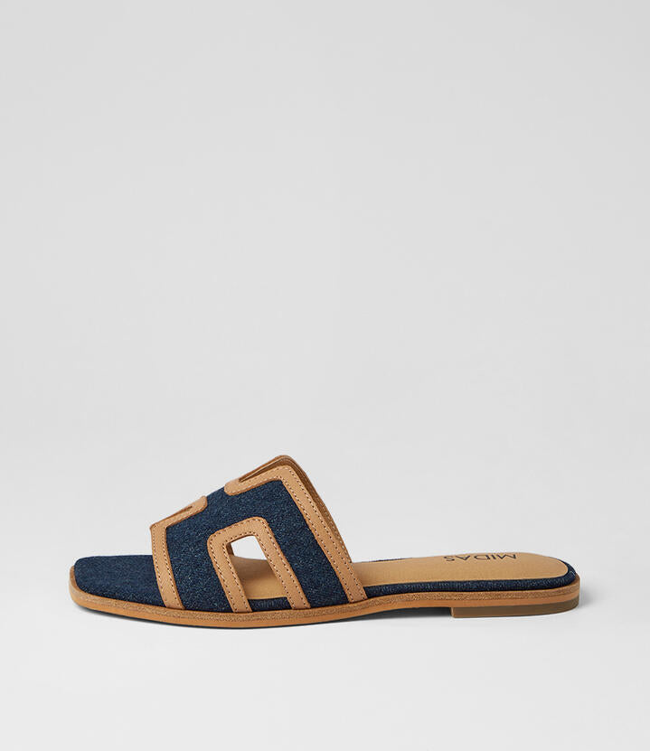 Image of Slippers. Product name - Stefanie Ink Denim Tan Fabric Leather Slides in Ink Denim-Tan colour by brand - MIDAS