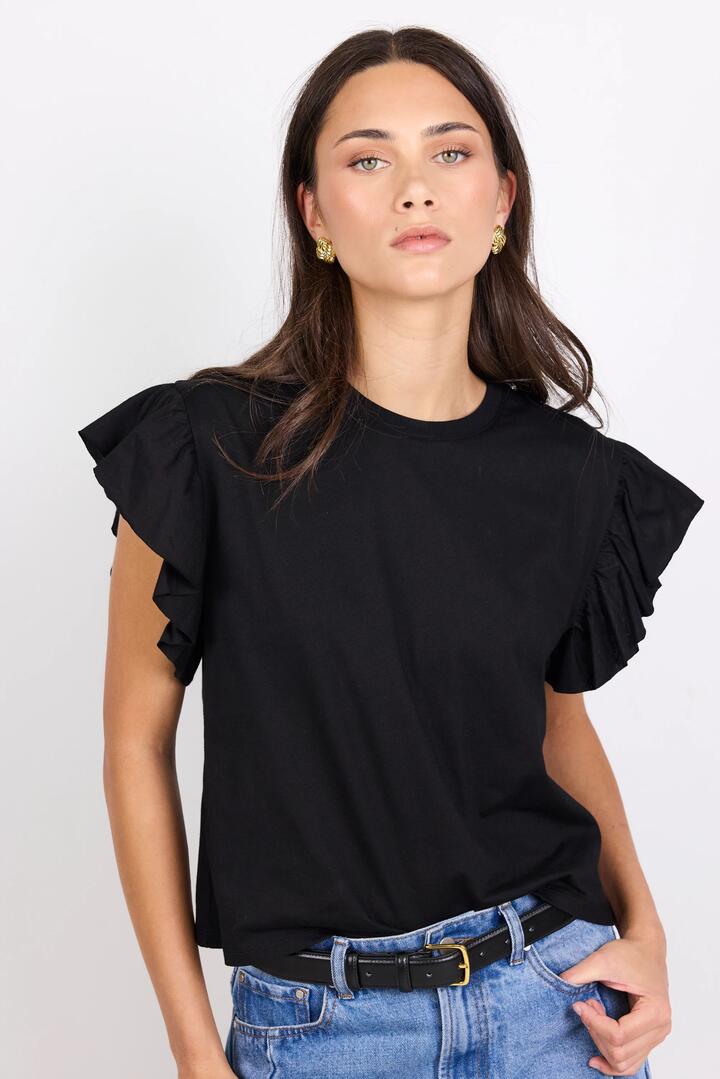 Image of a model wearing Tops. Product name - Hover Black Flutter Sleeve Tee in Black colour by brand - Ivy + Jack