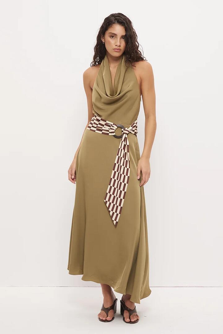Image of Dresses. Product name - Essence Khaki Abstract Painterly Cowl Neck Belted Sleeveless Maxi Dress in Khaki colour by brand - Mon Renn