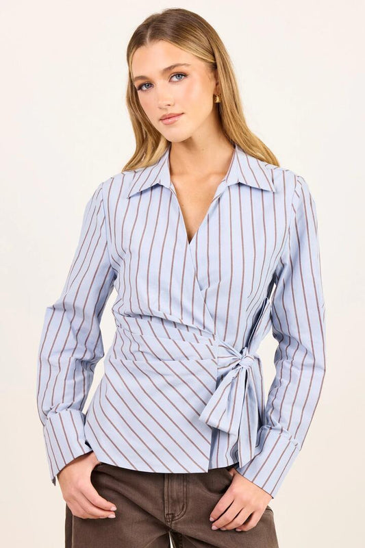 Image of Shirts. Product name - Axiom Blue Chocolate Stripe Wrap Waist Tie Shirt in Blue Chocolate Stripe colour by brand - Stories be Told