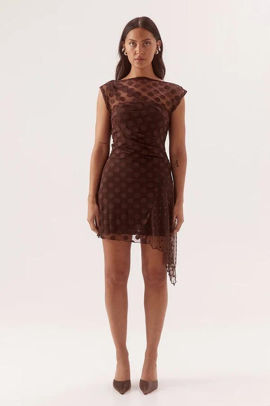Image of Dresses. Product name - Blyth Chocolate Spot Sleeveless Mini Dress in Chocolate colour by brand - Sovere