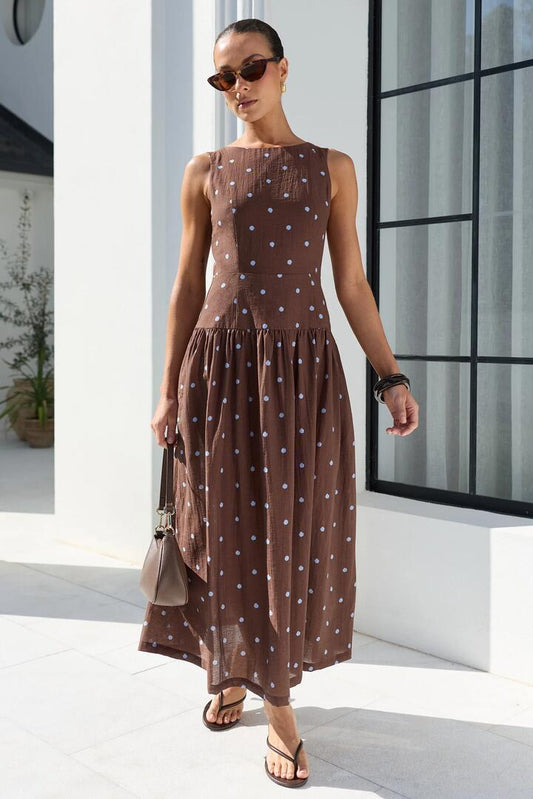 Image of Dresses. Product name - Results Mocha Blue Polka Dot Shirred Back Sleeveless Maxi Dress in Mocha Blue Polka Dot colour by brand - Stories be Told