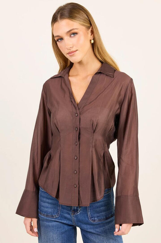 Image of Shirts. Product name - Sundial Chocolate Semi Sheer Corset Detail Waist Shirt in Chocolate colour by brand - Stories be Told