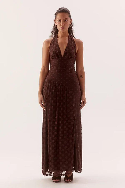 Image of Dresses. Product name - Blyth Chocolate Spot Halter Maxi Dress in Chocolate colour by brand - Sovere