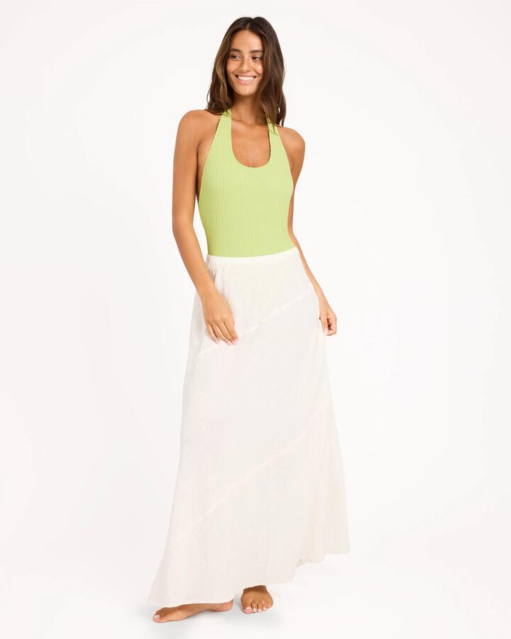 Image of a model wearing Skirts. Product name - Roxy Womens Maria Maxi Skirt Cloud Dancer in Cloud Dancer colour by brand - Roxy