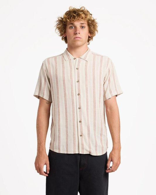 Image of Shirts. Product name - RVCA Mens Beat Stripe Short Sleeve Shirt Light Khaki in Light Khaki colour by brand - RVCA