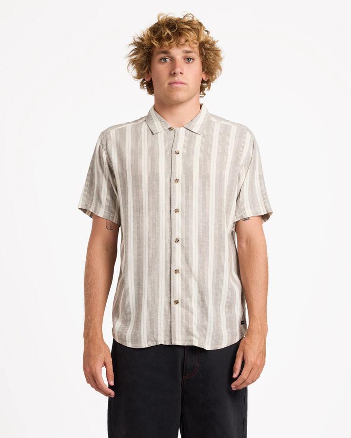 Image of Shirts. Product name - RVCA Mens Beat Stripe Short Sleeve Shirt Mushroom in Mushroom colour by brand - RVCA