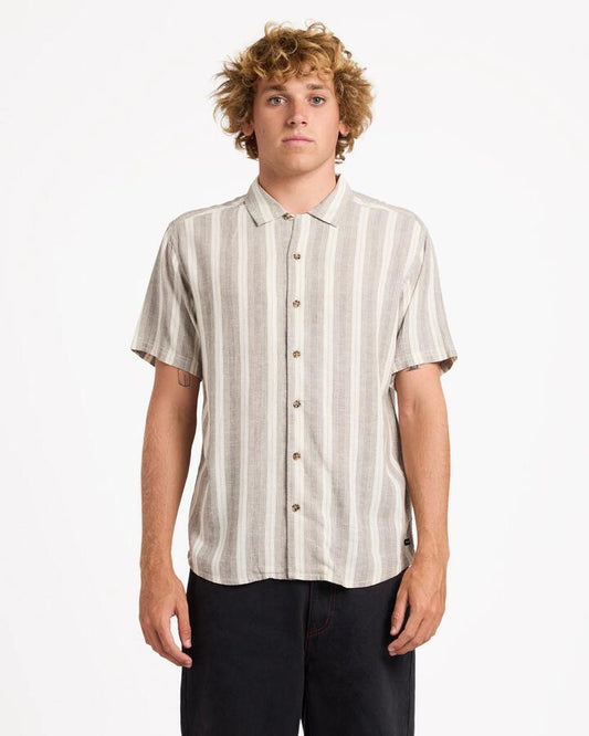 Image of Shirts. Product name - RVCA Mens Beat Stripe Short Sleeve Shirt Mushroom in Mushroom colour by brand - RVCA