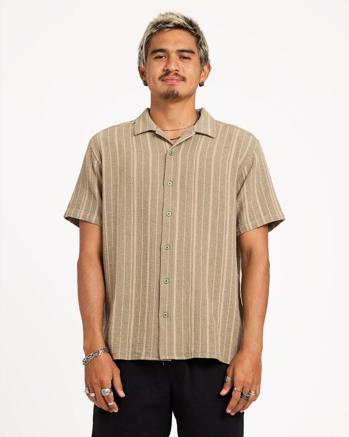 Image of Shirts. Product name - RVCA Mens Vacancy Stripe Short Sleeve Shirt Army in Army colour by brand - RVCA
