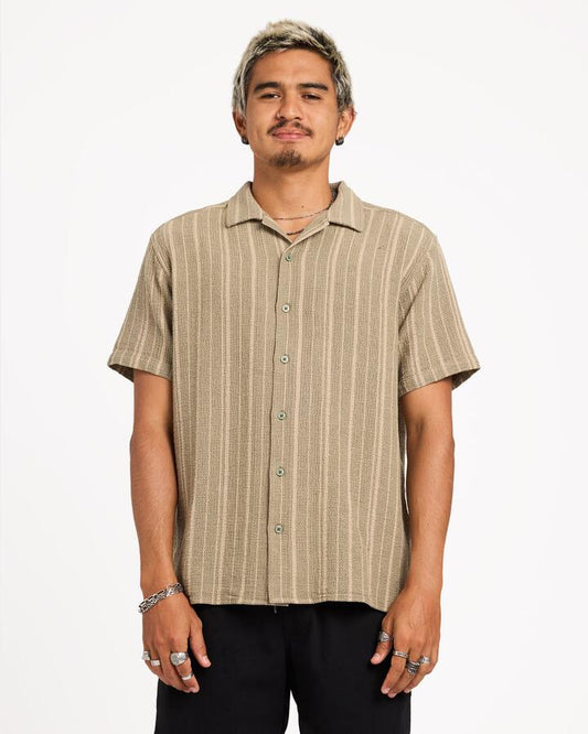 Image of Shirts. Product name - RVCA Mens Vacancy Stripe Short Sleeve Shirt Army in Army colour by brand - RVCA