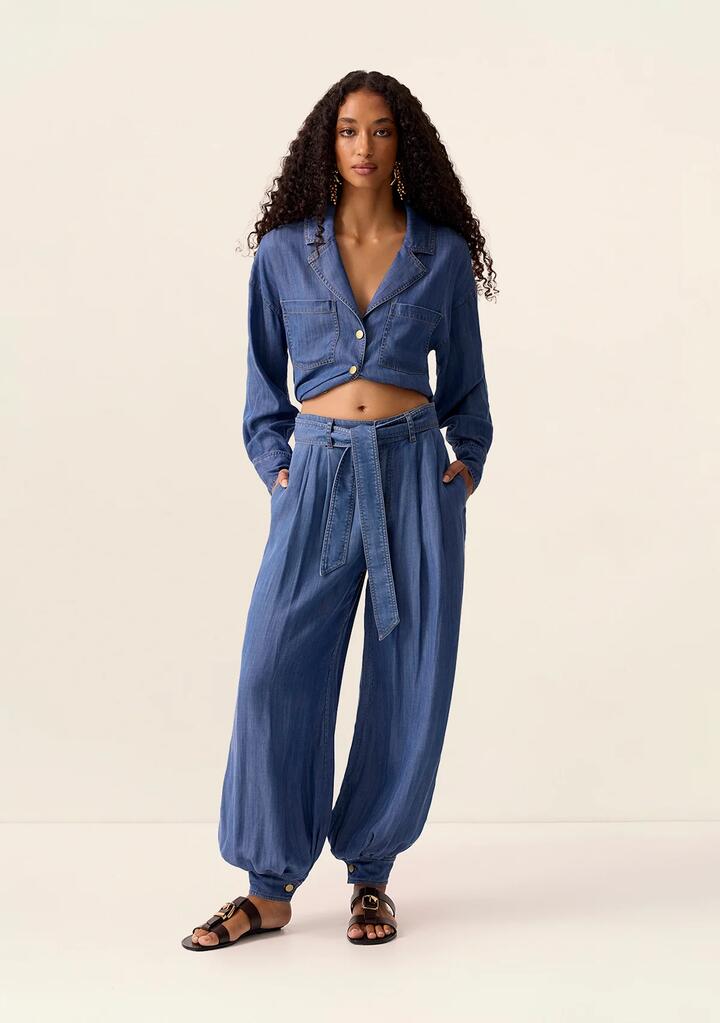 Image of a model wearing Pants. Productname: Mae Harem Pants in Soft Indigo colour by brand - MOS The Label