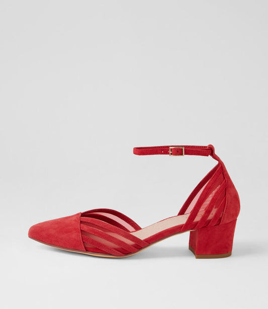 Image of Heels. Product name - Adriela Red Suede Mesh T Bars in Red colour by brand - MIDAS