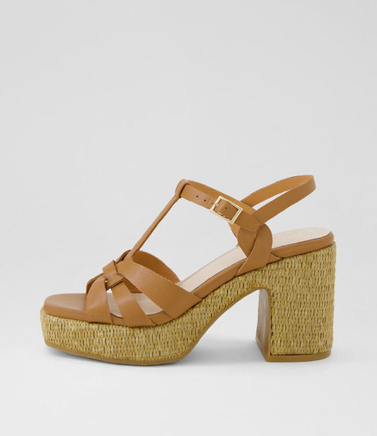 Image of Heels. Product name - Kerst Dark Tan Natural Leather Platform Sandals in Dk Tan-Natural Heel colour by brand - MIDAS