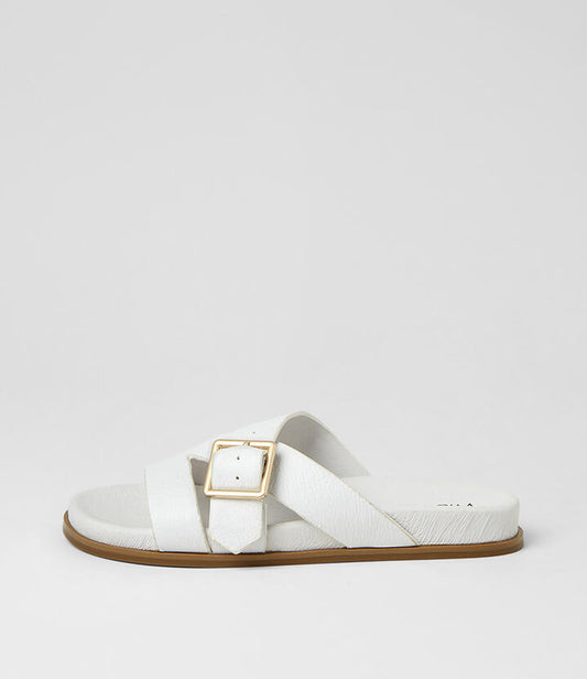Image of Slippers. Product name - Nibble White Leather Slides in White colour by brand - MIDAS