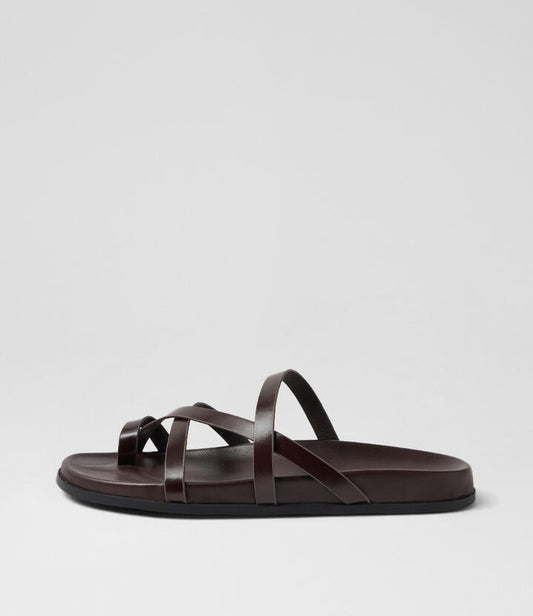 Image of Slippers. Product name - Haana Choc Shine Leather Slides in Choc colour by brand - MOLLINI