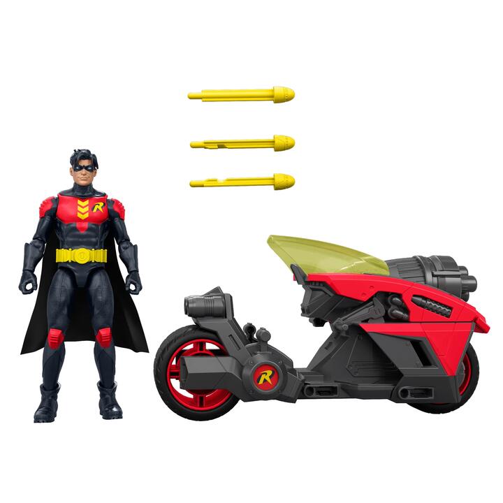 Image of Action Figures. Product name - DC Premier 6.5 Inch Batlink Robin Figure & Motorcycle Vehicle With Projectile Launch in colour by brand - DC Universe