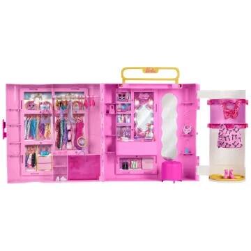 Image of Dolls. Product name - Barbie Closet With Spin & Style Feature, Vanity, Ottoman, 4 Fashions, 20+ Pieces, Portable Storage in colour by brand - Barbie
