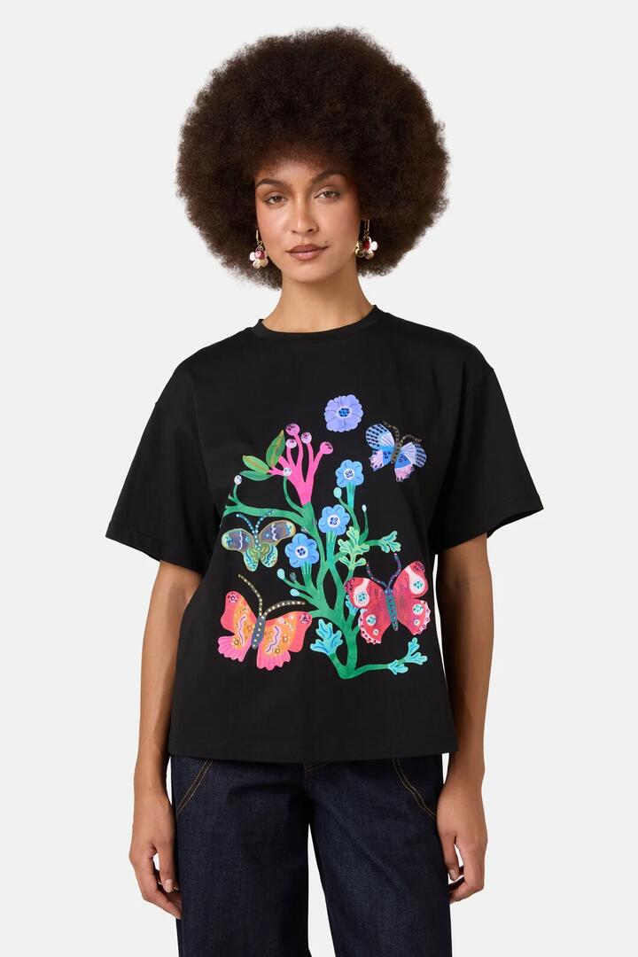 Image of T-Shirts. Product name - Mariposa Placement Oversized Tee in Black colour by brand - Gorman