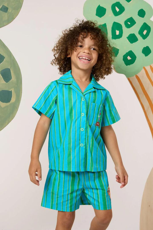 Image of a model wearing Shorts. Product name - Stripe Guys Kids Shorts in Blue colour by brand - Gorman