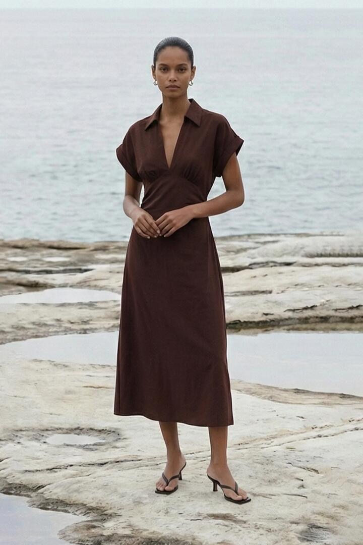 Image of Dresses. Product name - Rhodes Chocolate Button Through Linen Blend SS Midi Dress in Brown colour by brand - Staple The Label