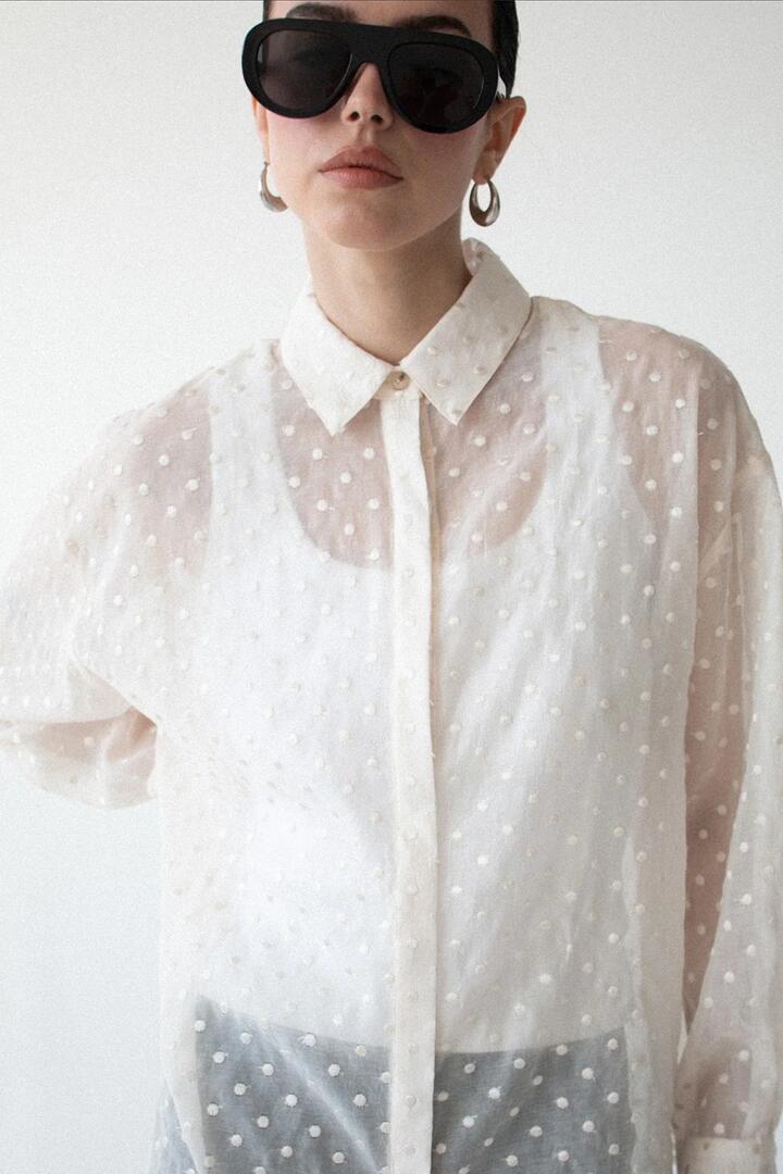 Image of Shirts. Product name - Etoile Cream Spot Oversized LS Shirt in Cream colour by brand - Staple The Label