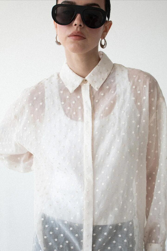 Image of Shirts. Product name - Etoile Cream Spot Oversized LS Shirt in Cream colour by brand - Staple The Label