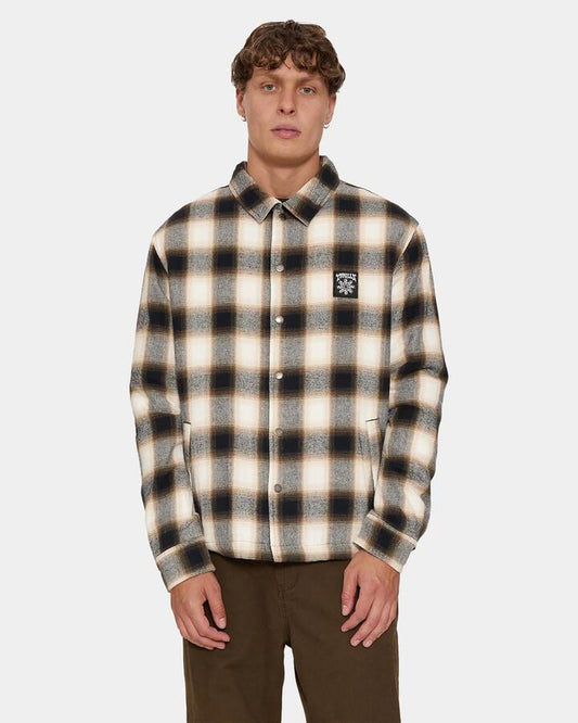 Image of Coats & Jackets. Product name - Thrills Stagger Cropped Flannel Jacket Blk1 Black in Black colour by brand - Thrills