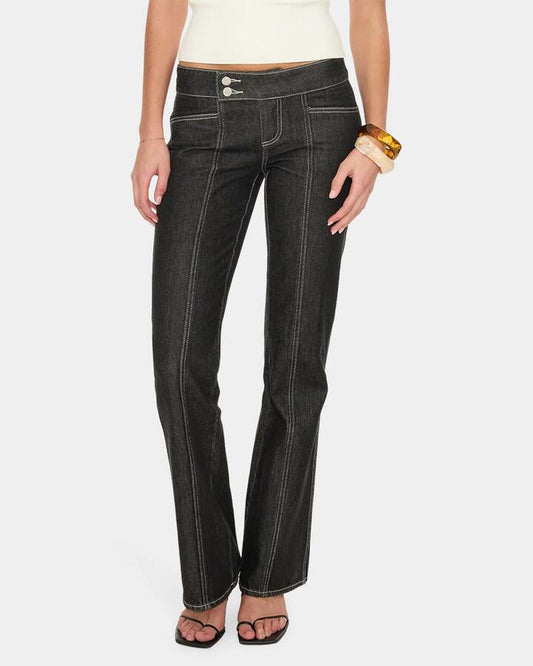 Image of Jeans. Product name - Thrills Suki Low Rise Flare Jean Rabk Raw Black in Raw Black colour by brand - Thrills