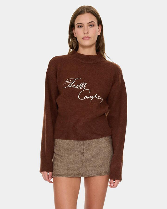 Image of a model wearing Outerwear. Product name - Thrills Studio Issue Knit Sweater C1Bb Brown in Brown colour by brand - Thrills