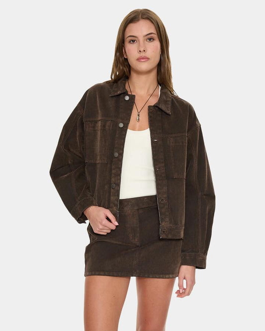 Image of Coats & Jackets. Product name - Thrills Bailey Flocked Jacket 5Dc Dark Chocolate in Dark Chocolate colour by brand - Thrills