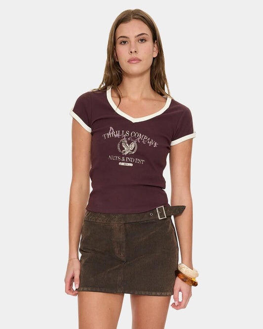 Image of T-Shirts. Product name - Thrills Heritage Track V Neck Club Tee 13A Aubergine in Aubergine colour by brand - Thrills