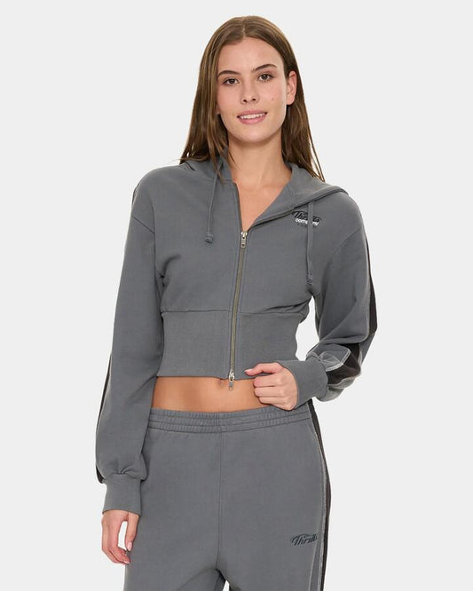 Image of a model wearing Outerwear. Product name - Thrills Division 011 Zip Hood Fleece P62 Petrol in Petrol colour by brand - Thrills