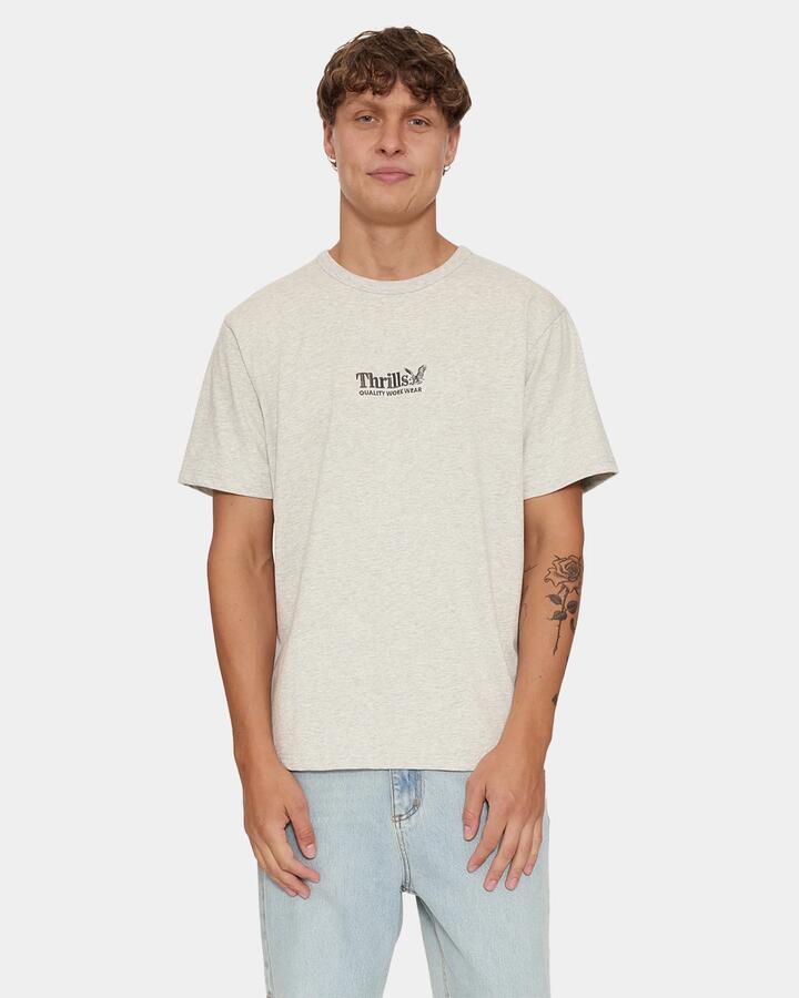 Image of a model wearing Uniforms & Workwear. Product name - Thrills Thrills Workwear Embro Merch Tee Ag9 Snow Marle in Snow Marle colour by brand - Thrills