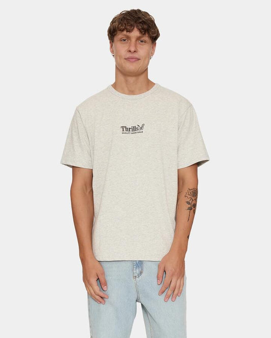 Image of a model wearing Uniforms & Workwear. Product name - Thrills Thrills Workwear Embro Merch Tee Ag9 Snow Marle in Snow Marle colour by brand - Thrills