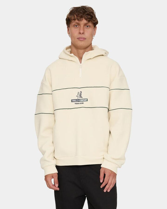 Image of a model wearing Outerwear. Product name - Thrills Risen Quarter Zip Hood Fleece Wbu Heritage White in Heritage White colour by brand - Thrills