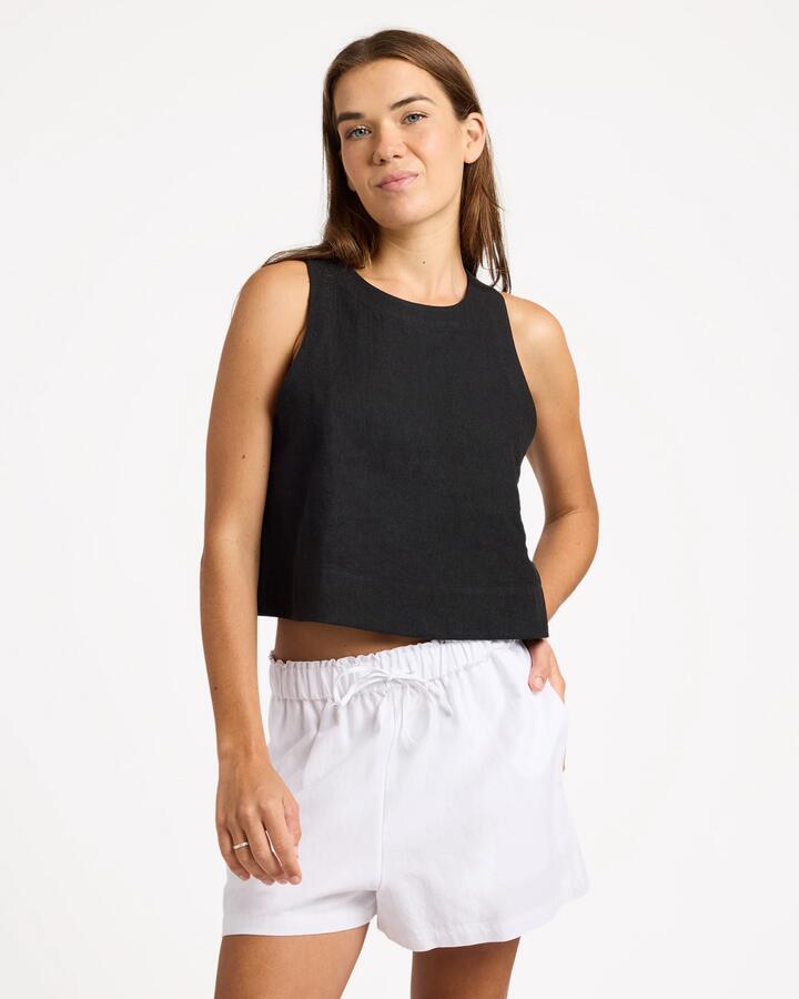 Image of a model wearing Tops. Product name - Roxy Womens Amor Top Black in Black colour by brand - Roxy
