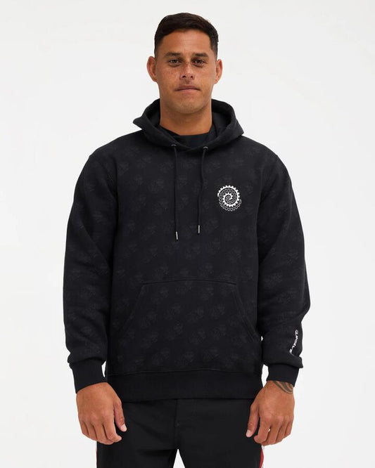 Image of a model wearing Outerwear. Product name - Quiksilver Mens Tiki Pullover Hoodie Black in Black colour by brand - Quiksilver