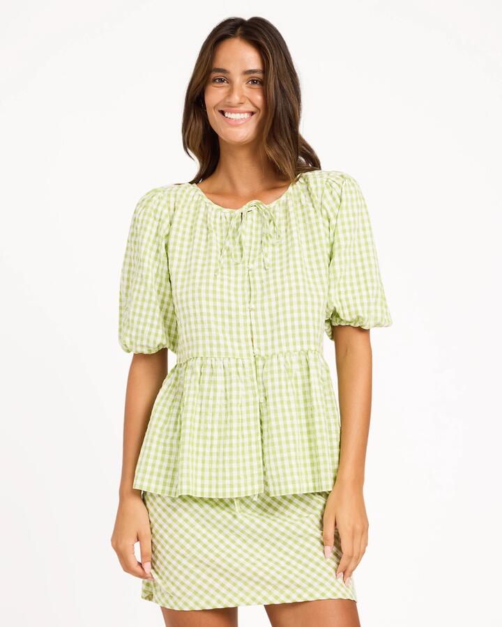 Image of a model wearing Tops. Product name - Roxy Womens Charlie Check Top Leaf Green in Leaf Green colour by brand - Roxy