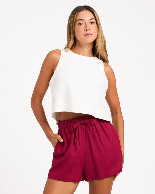 Image of a model wearing Shorts. Product name - Roxy Womens Place To Be Elastic Waist Shorts Beet Red in Beet Red colour by brand - Roxy