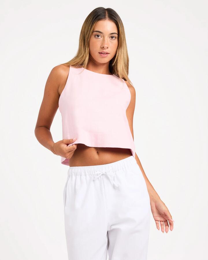 Image of a model wearing Tops. Product name - Roxy Womens Amor Top Powder Pink in Powder Pink colour by brand - Roxy